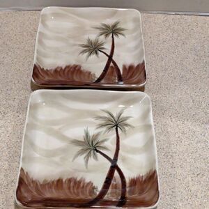 👍 2 Palm Tree Ceramic Square Plates. Tropical Beach  C6